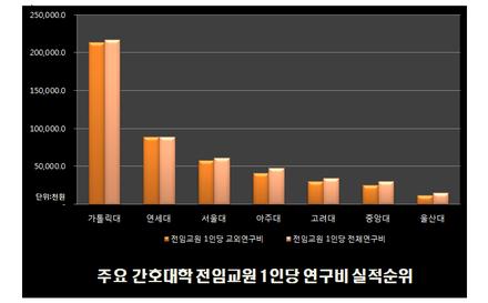 2015학년도 주요간호대학 전임교원 1인당 연구비 실적순위